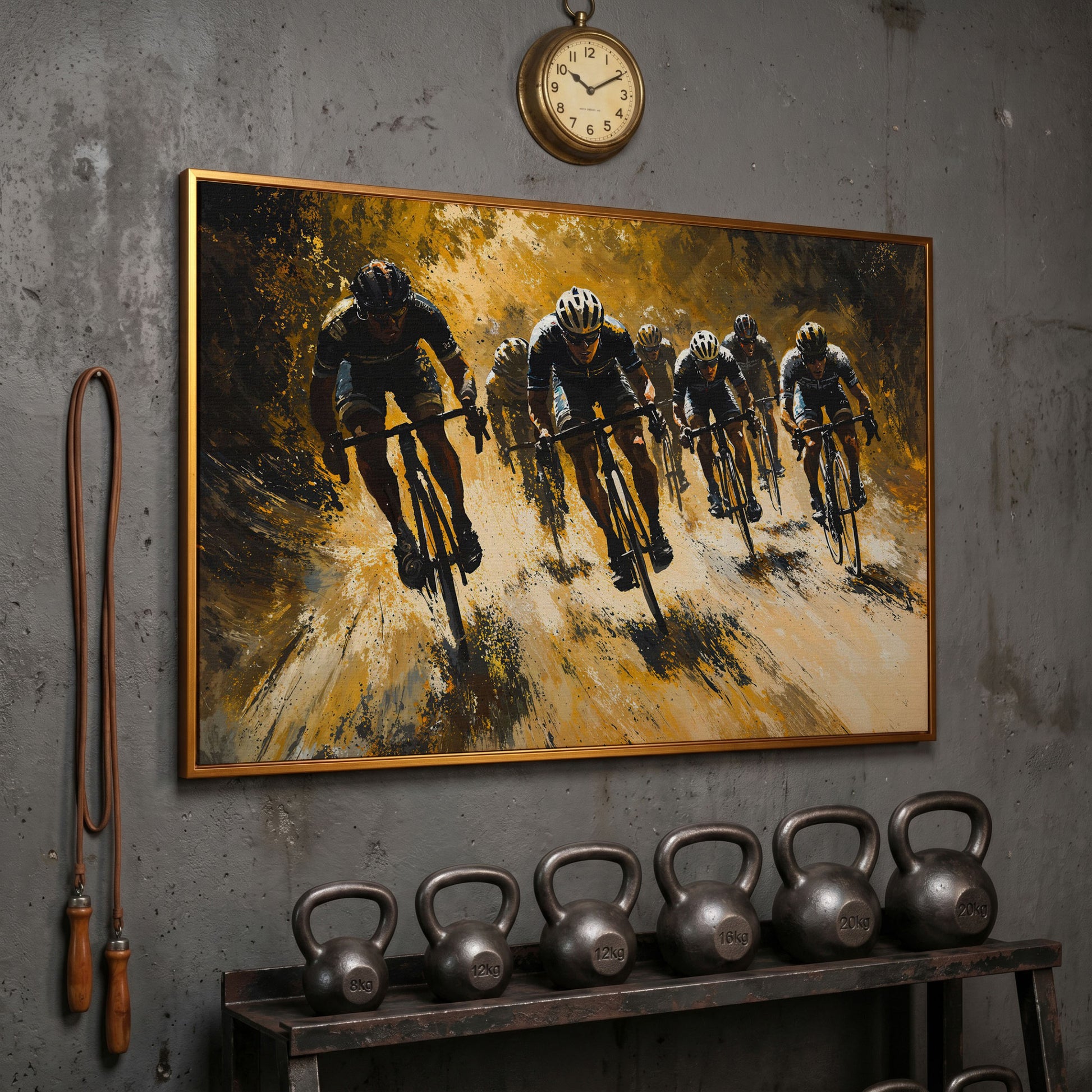 Cycling Race Canvas in Mustard and Charcoal in antique gold floating frame