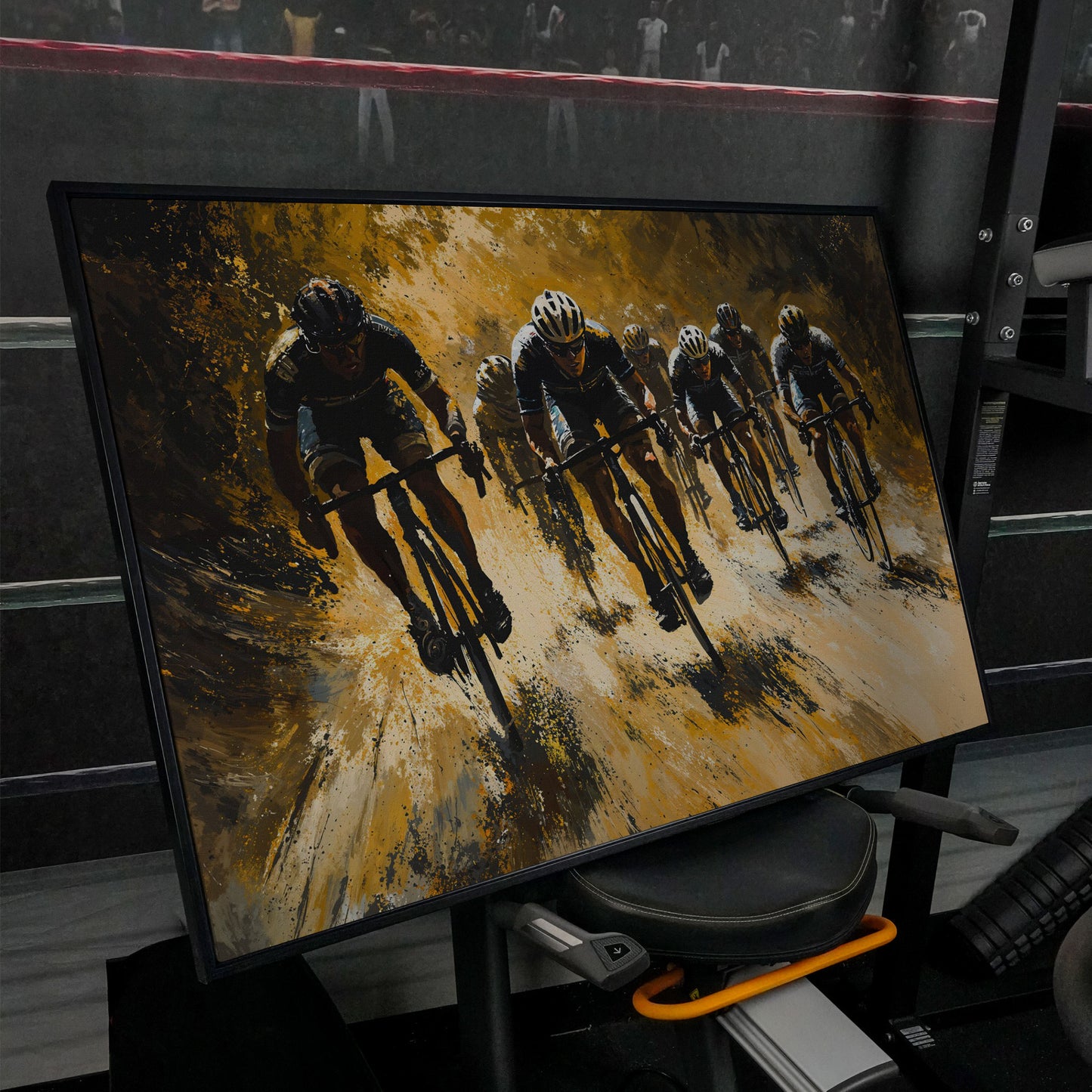 Cycling Race Canvas in Mustard and Charcoal in black floating frame