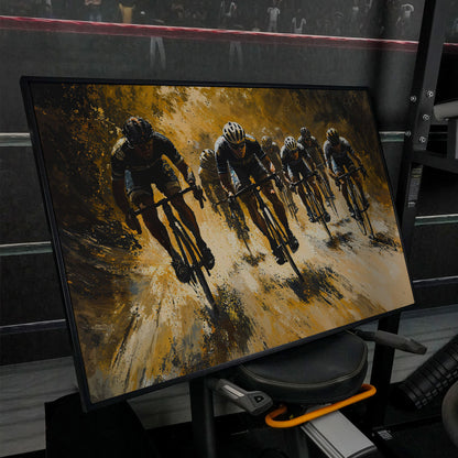 Cycling Race Canvas in Mustard and Charcoal in black floating frame