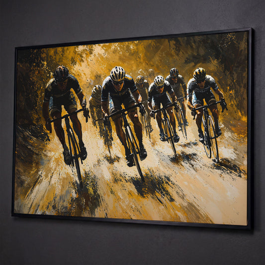 Cycling Race Canvas in Mustard and Charcoal shown in black floating frame