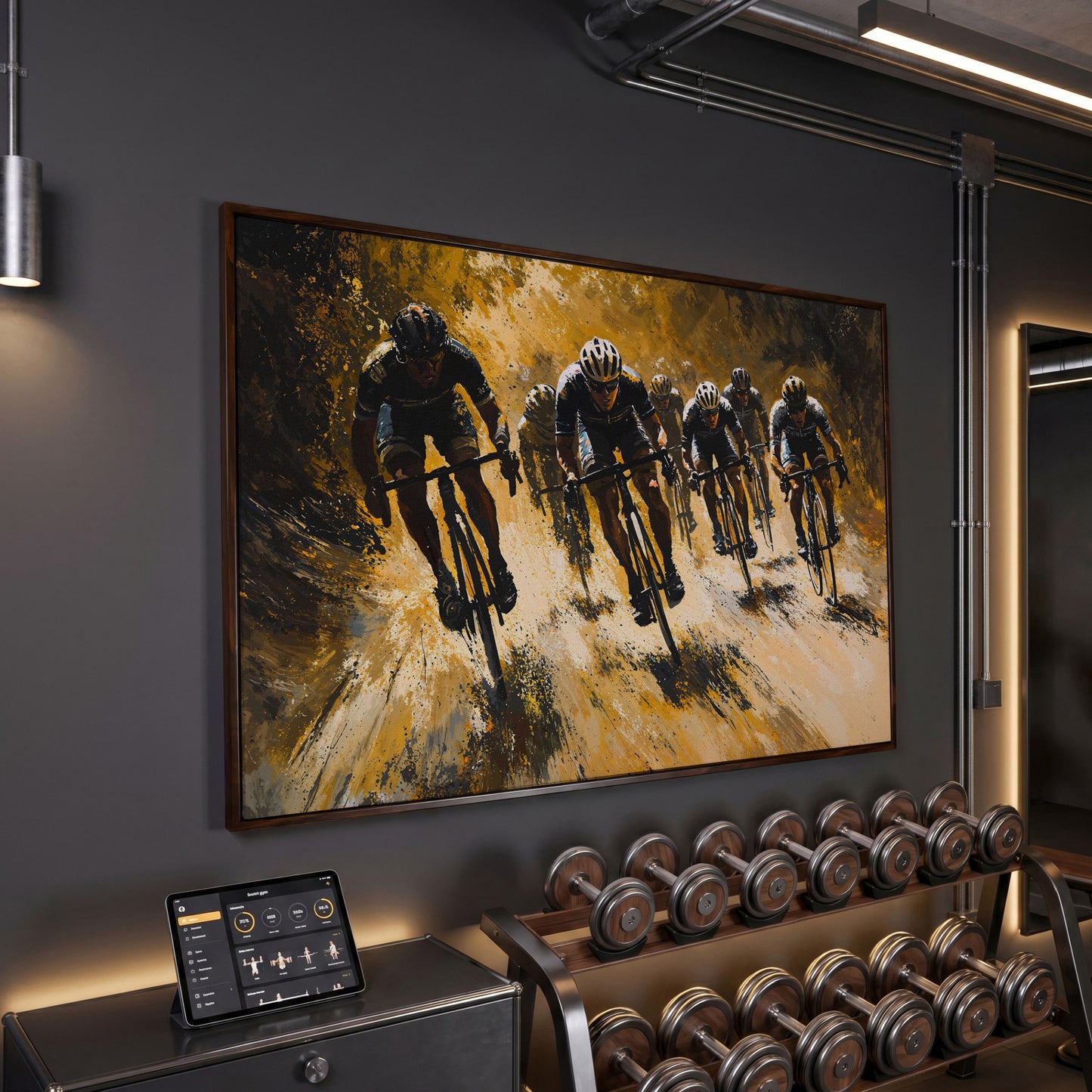 Cycling Race Canvas in Mustard and Charcoal in dark walnut floating frame