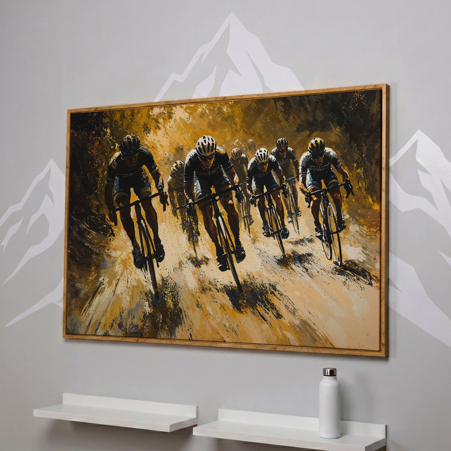 Cycling Race Canvas in Mustard and Charcoal in white oak floating frame