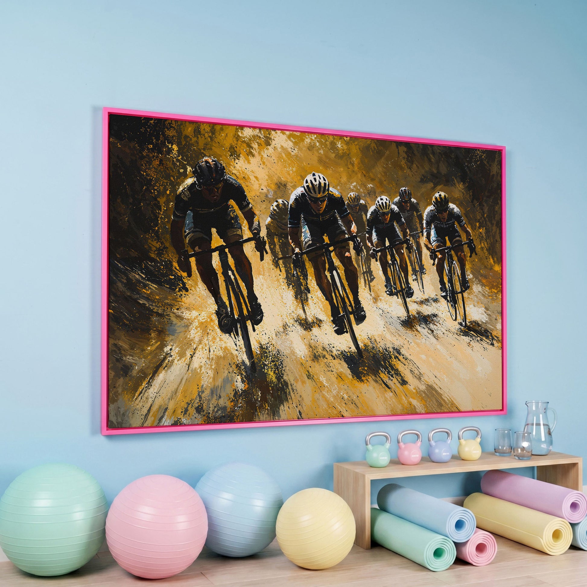 Cycling Race Canvas in Mustard and Charcoal in pink floating frame