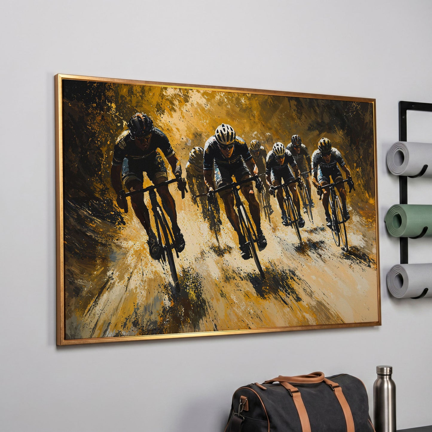 Cycling Race Canvas in Mustard and Charcoal in rose gold floating frame