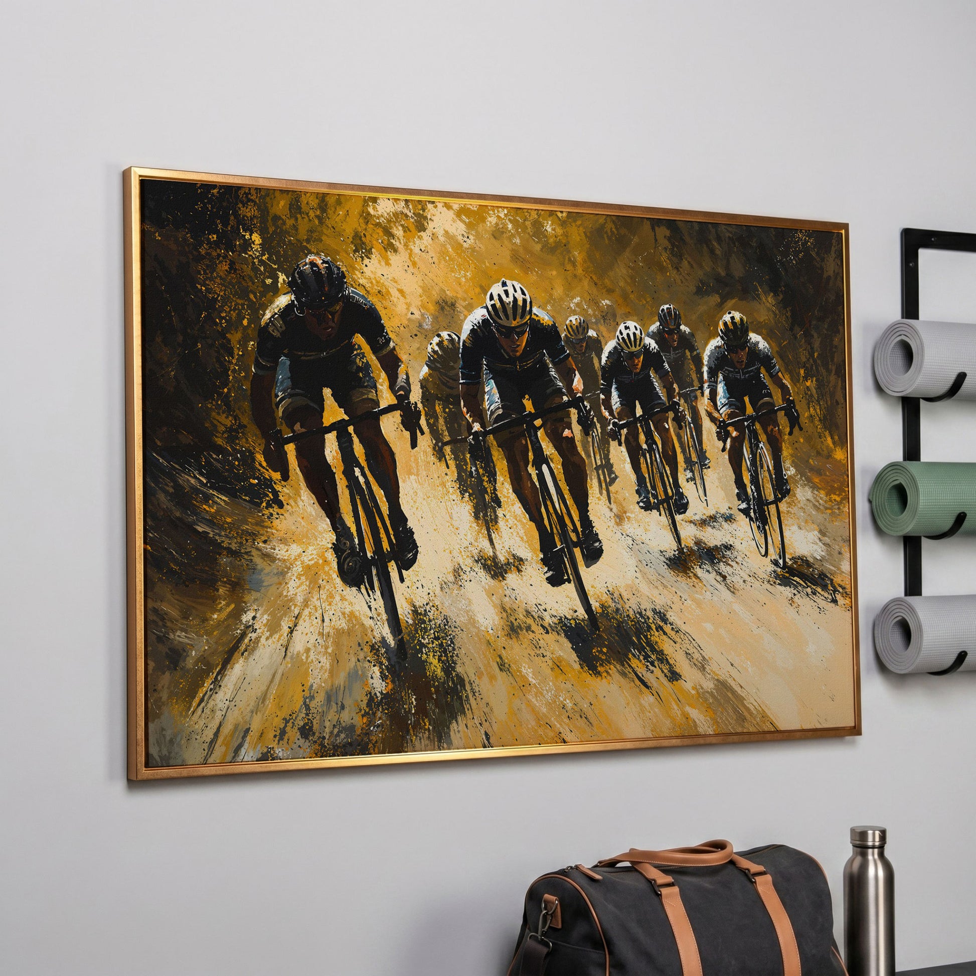 Cycling Race Canvas in Mustard and Charcoal in rose gold floating frame