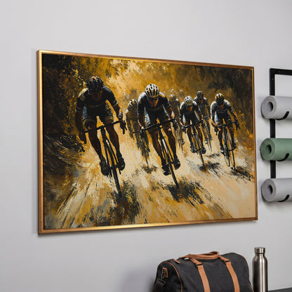 Cycling Race Canvas in Mustard and Charcoal in rose gold floating frame