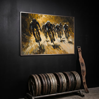 Cycling Race Canvas in Mustard and Charcoal in silver floating frame