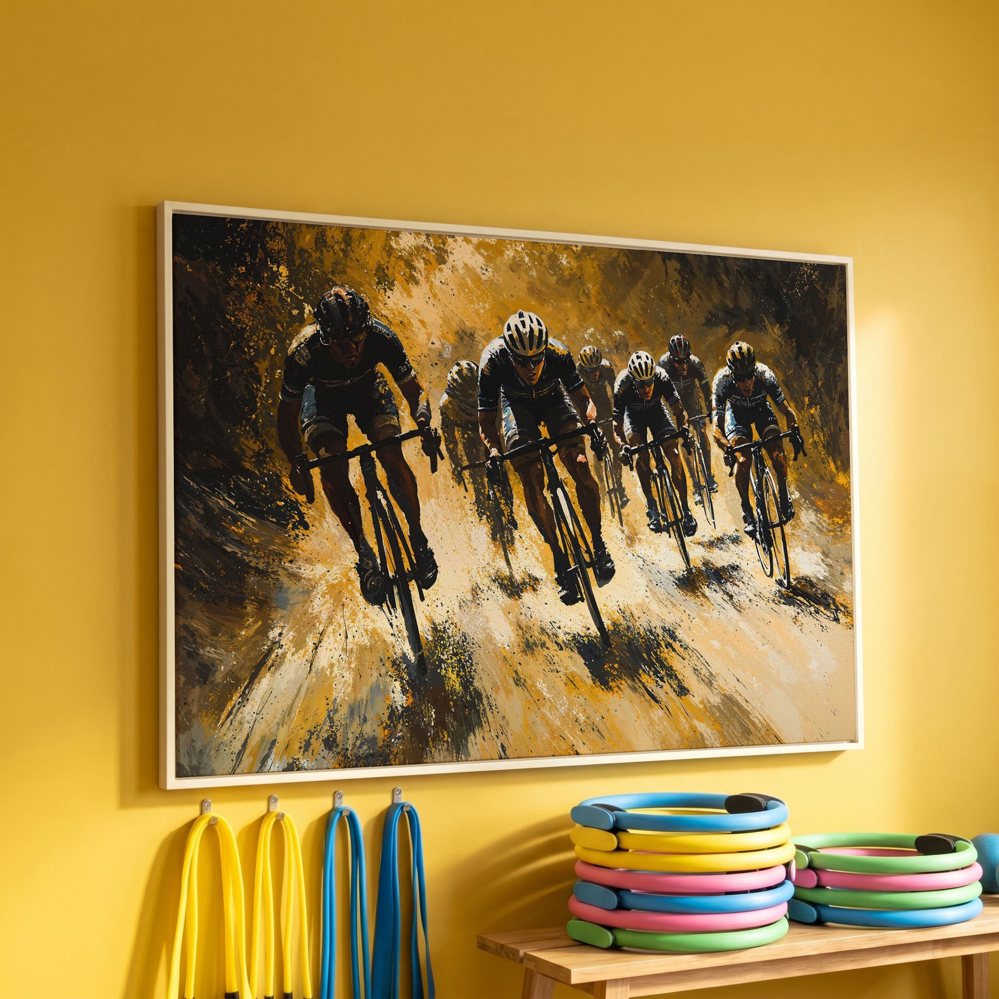 Cycling Race Canvas in Mustard and Charcoal in white floating frame