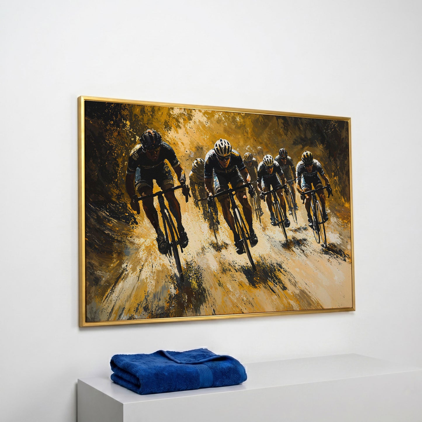 Cycling Race Canvas in Mustard and Charcoal in yellow gold floating frame