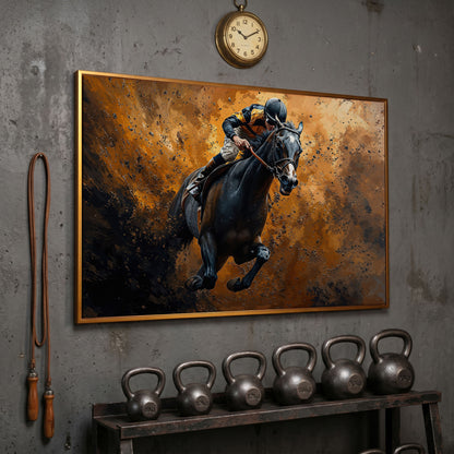 Dynamic Horse Racing Jockey Canvas Print in antique gold floating frame