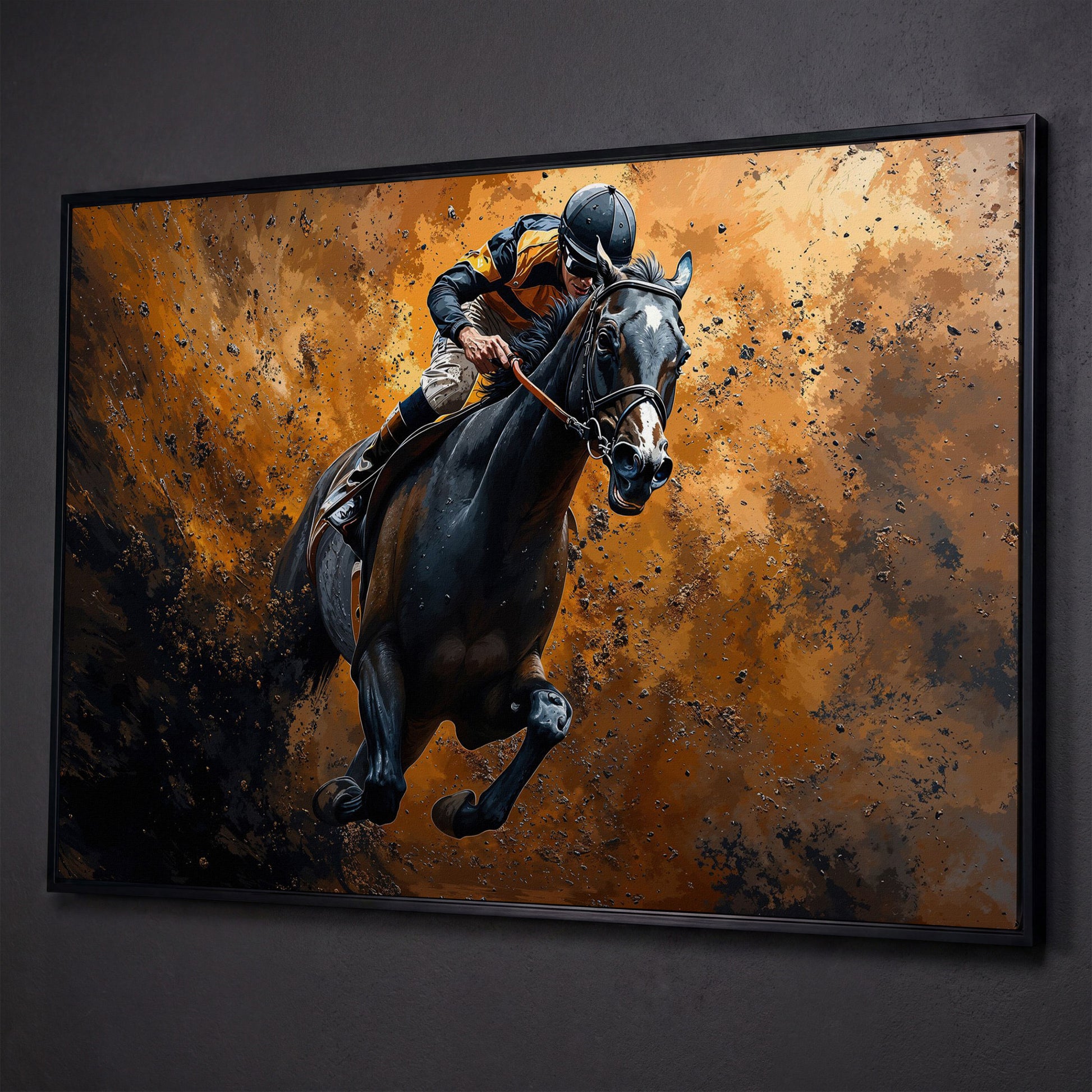 Dynamic Horse Racing Jockey Canvas Print shown in black floating frame