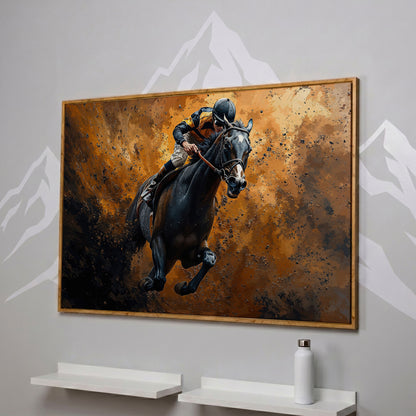 Dynamic Horse Racing Jockey Canvas Print in white oak floating frame