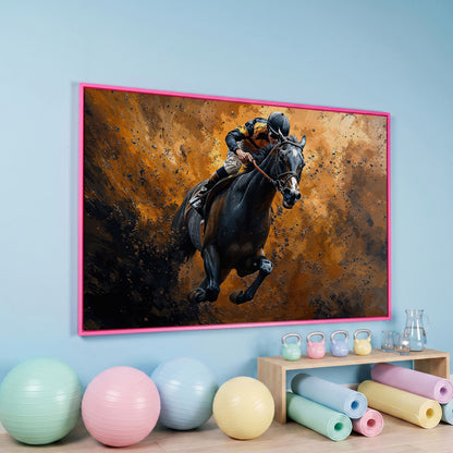 Dynamic Horse Racing Jockey Canvas Print in pink floating frame