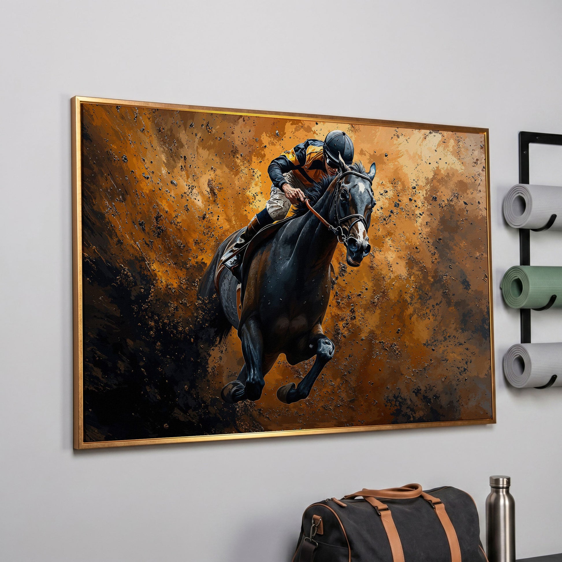 Dynamic Horse Racing Jockey Canvas Print in rose gold floating frame