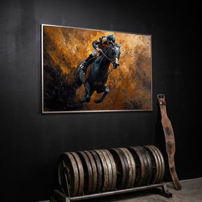 Dynamic Horse Racing Jockey Canvas Print in silver floating frame