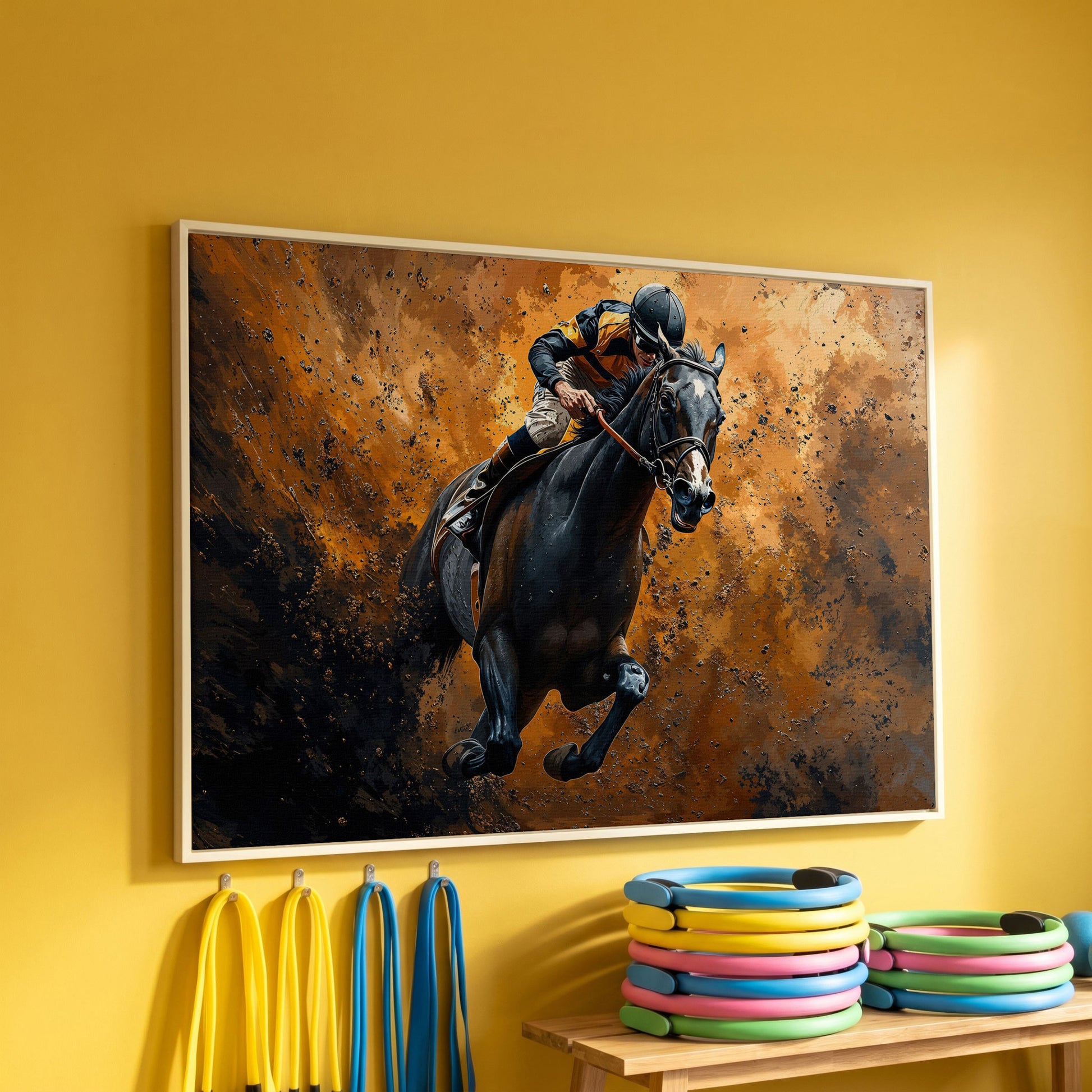 Dynamic Horse Racing Jockey Canvas Print in white floating frame