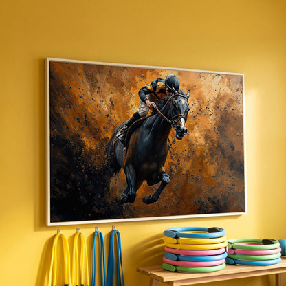 Dynamic Horse Racing Jockey Canvas Print in white floating frame