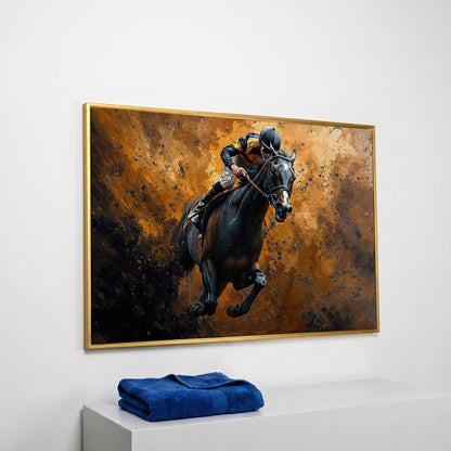 Dynamic Horse Racing Jockey Canvas Print in yellow gold floating frame