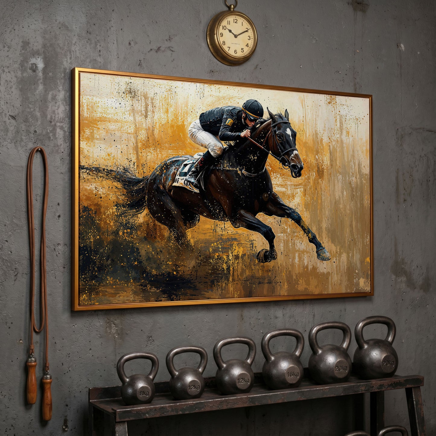 Racehorse in Motion Canvas Print with Burnt Sienna & Gold in antique gold floating frame