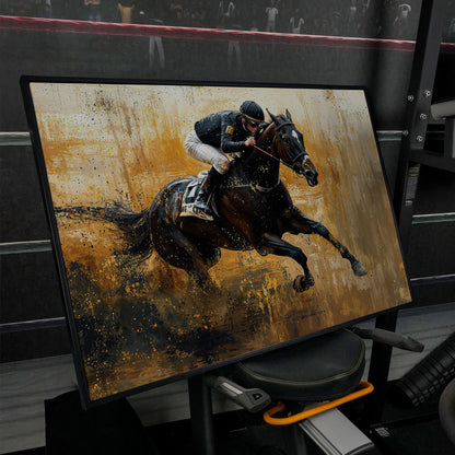 Racehorse in Motion Canvas Print with Burnt Sienna & Gold in black floating frame