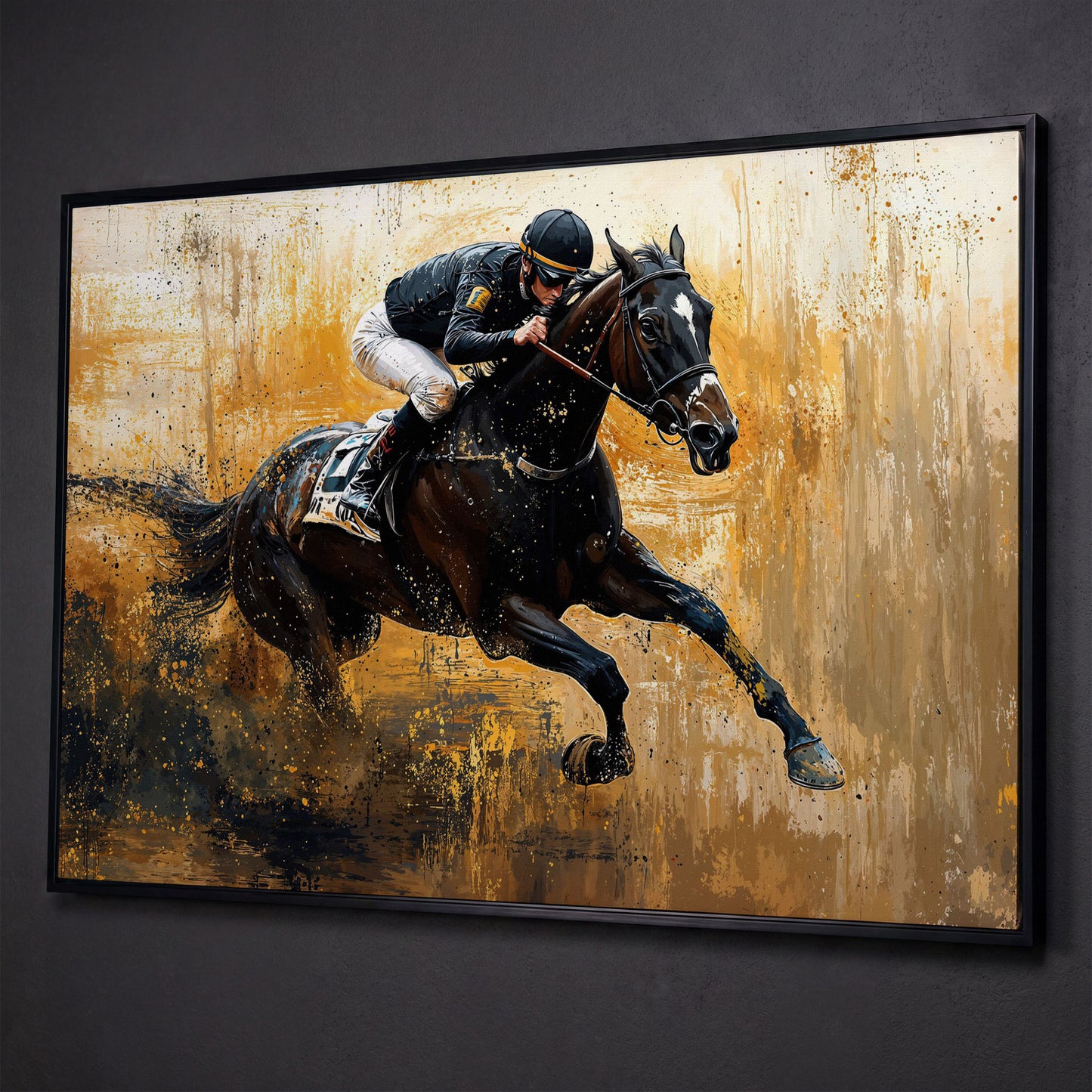 Racehorse in Motion Canvas Print with Burnt Sienna & Gold shown in black floating frame