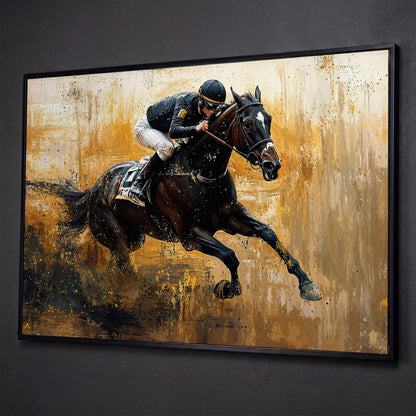 Racehorse in Motion Canvas Print with Burnt Sienna & Gold shown in black floating frame