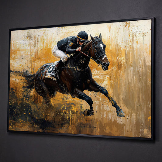 Racehorse in Motion Canvas Print with Burnt Sienna & Gold shown in black floating frame