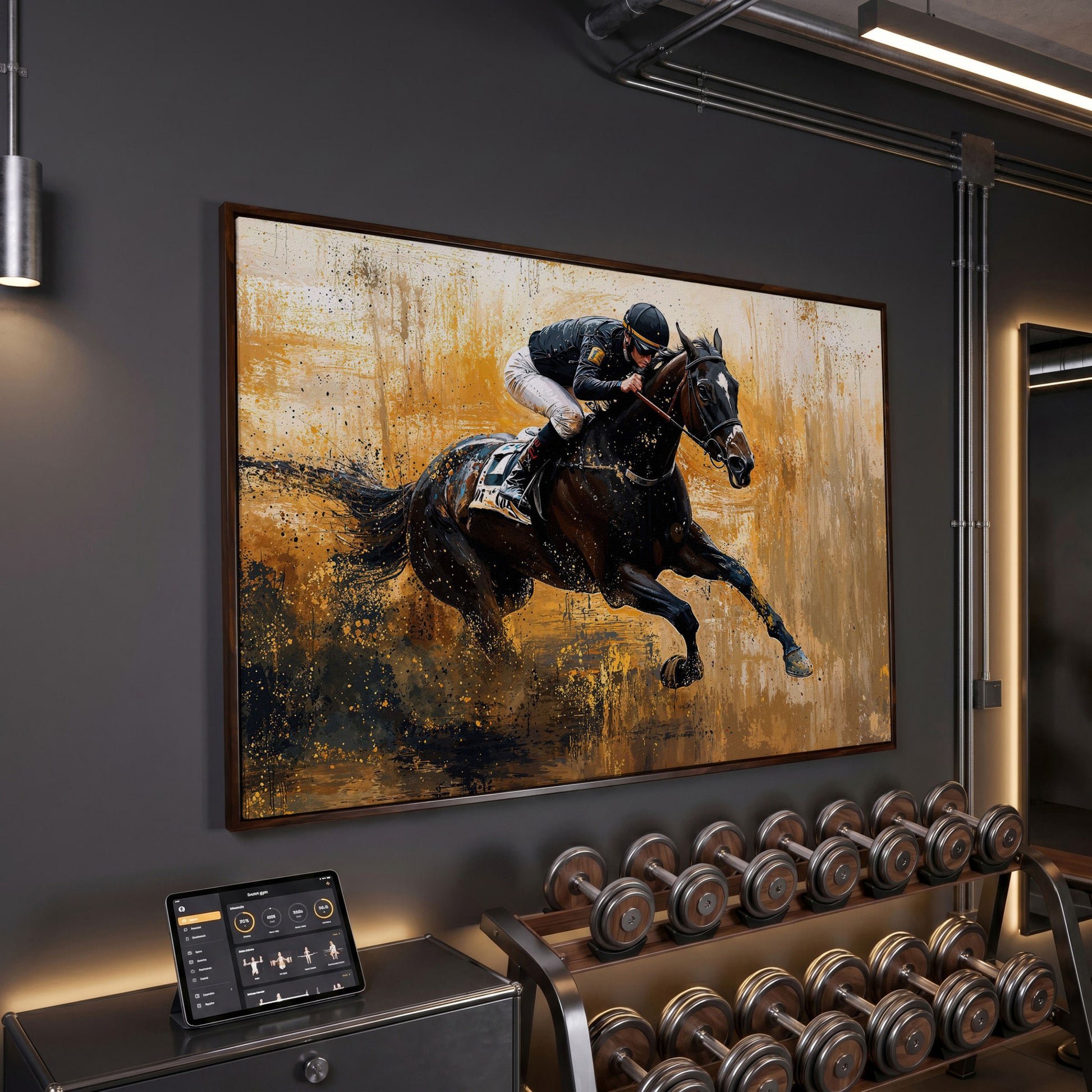 Racehorse in Motion Canvas Print with Burnt Sienna & Gold in dark walnut floating frame
