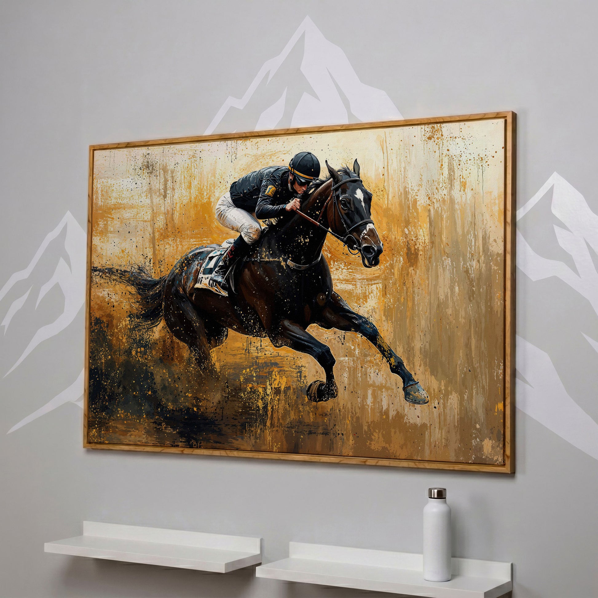 Racehorse in Motion Canvas Print with Burnt Sienna & Gold in white oak floating frame