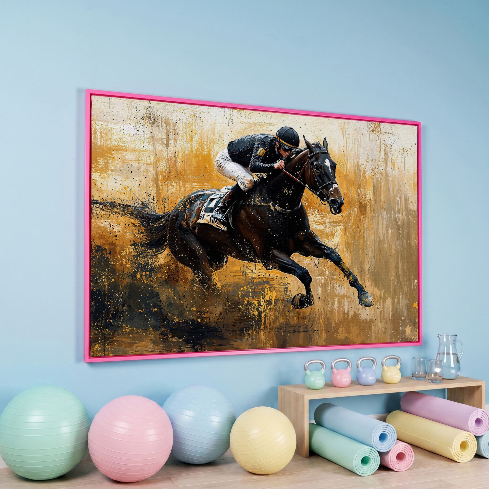Racehorse in Motion Canvas Print with Burnt Sienna & Gold in pink floating frame