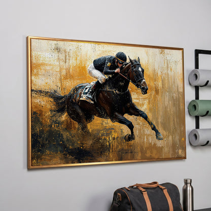Racehorse in Motion Canvas Print with Burnt Sienna & Gold in rose gold floating frame
