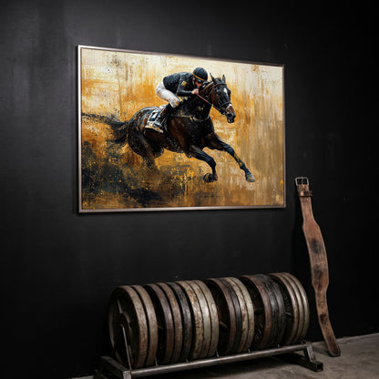 Racehorse in Motion Canvas Print with Burnt Sienna & Gold in silver floating frame