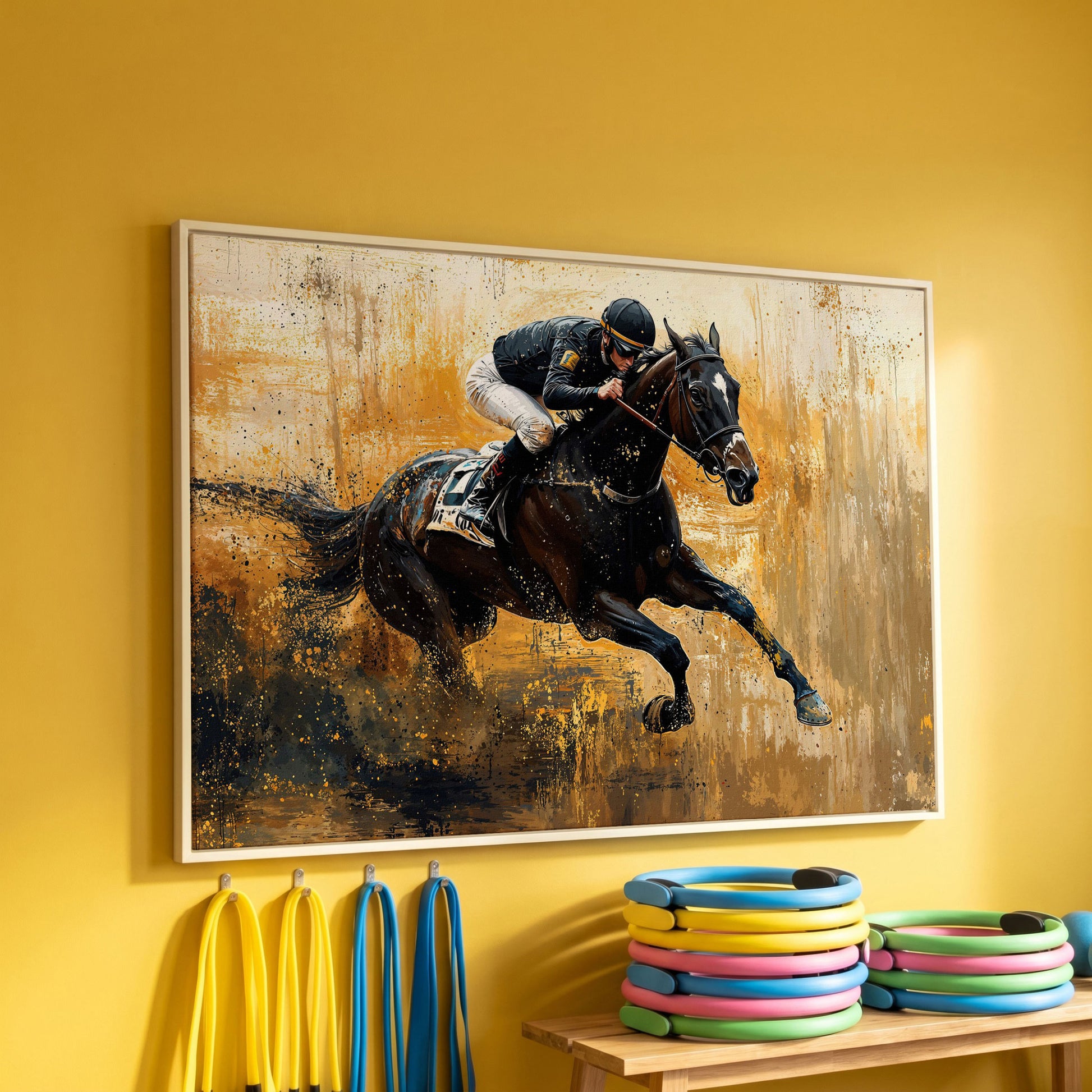 Racehorse in Motion Canvas Print with Burnt Sienna & Gold in white floating frame