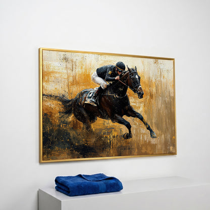 Racehorse in Motion Canvas Print with Burnt Sienna & Gold in yellow gold floating frame