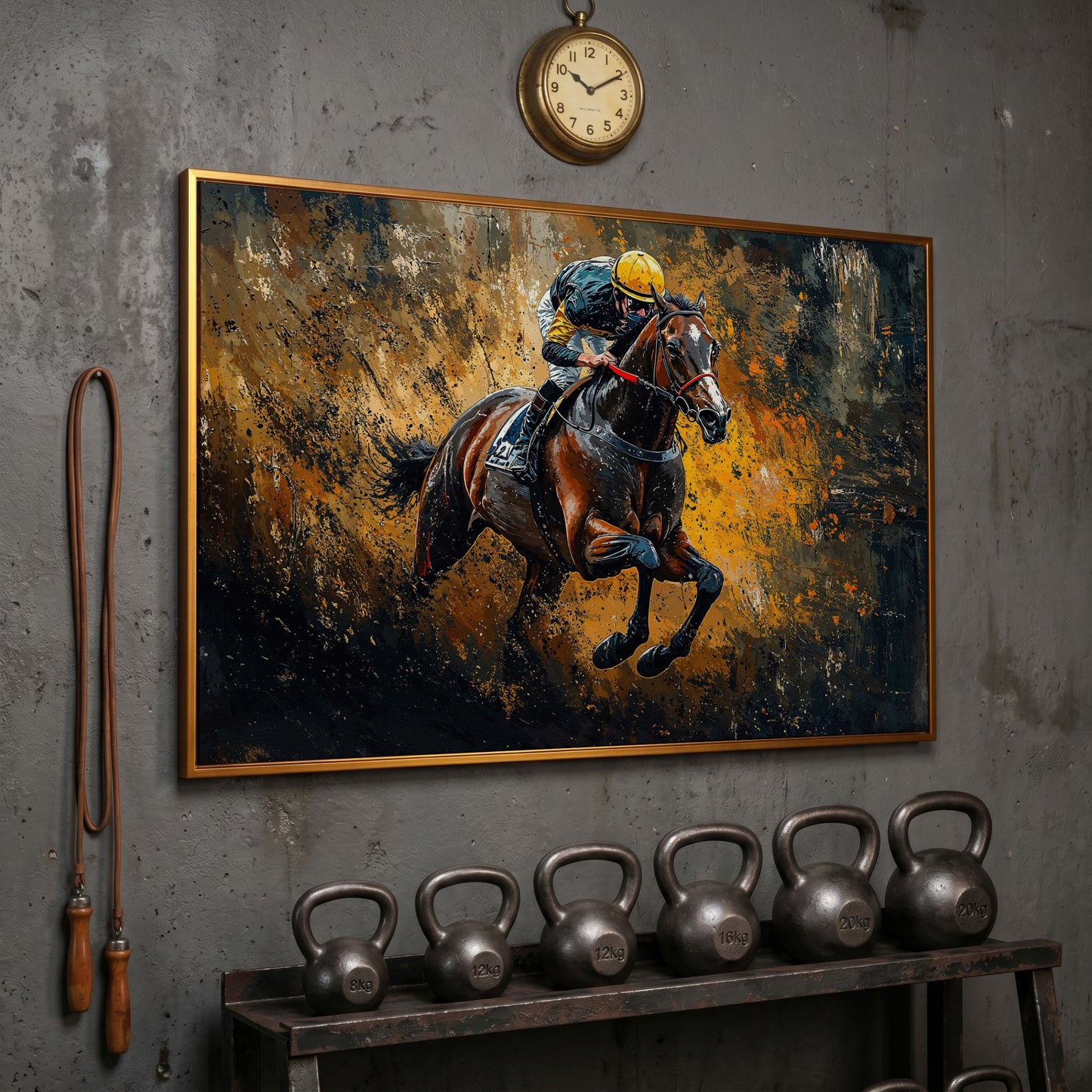 Dynamic Jockey Horse Racing Canvas Print in antique gold floating frame