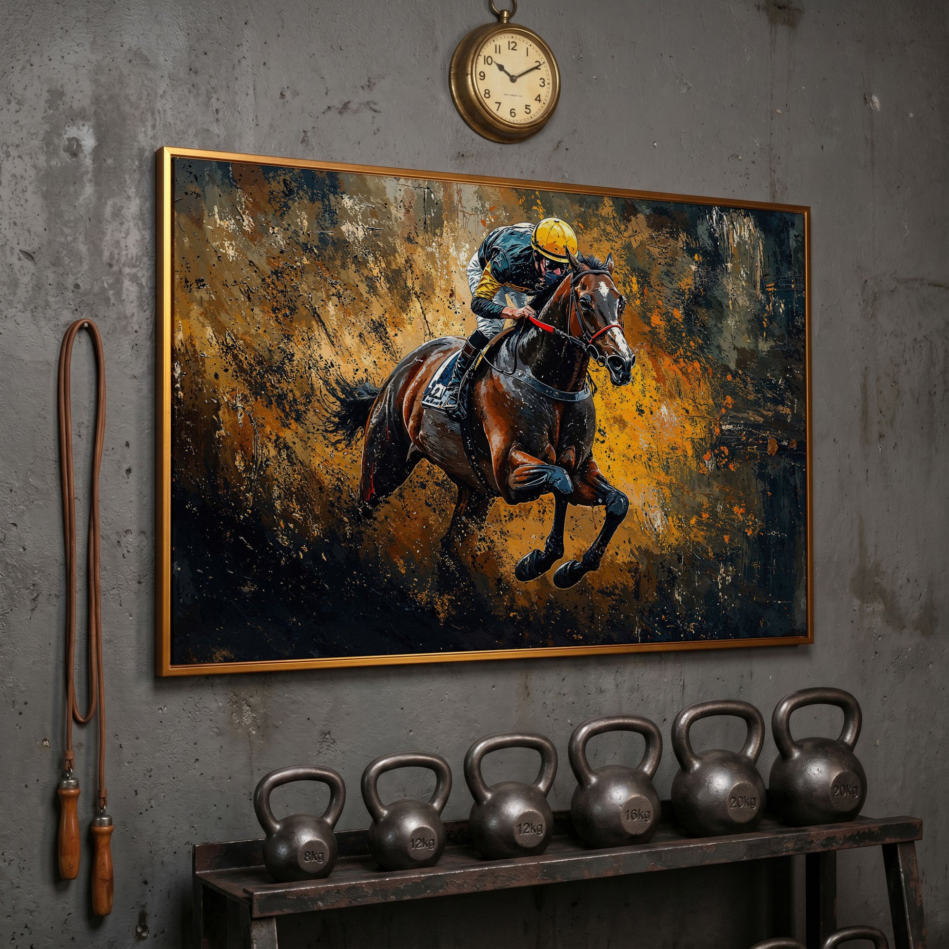 Dynamic Jockey Horse Racing Canvas Print in antique gold floating frame