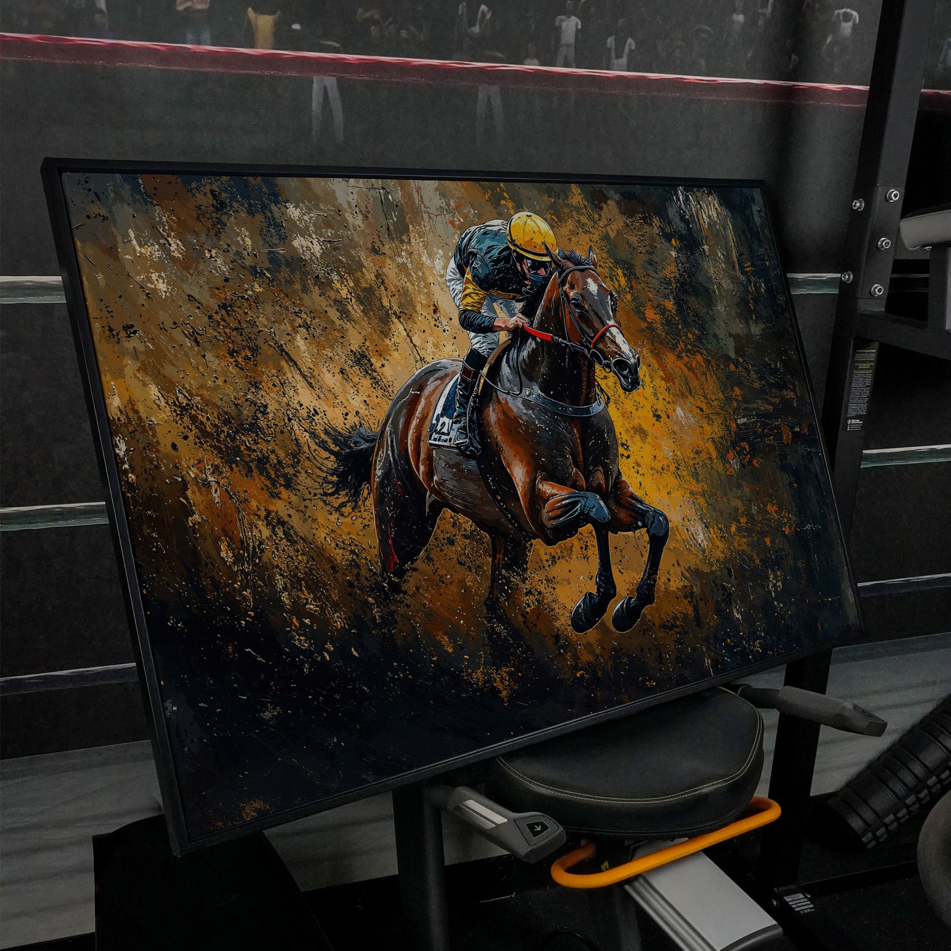 Dynamic Jockey Horse Racing Canvas Print in black floating frame