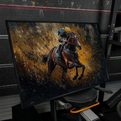 Dynamic Jockey Horse Racing Canvas Print in black floating frame