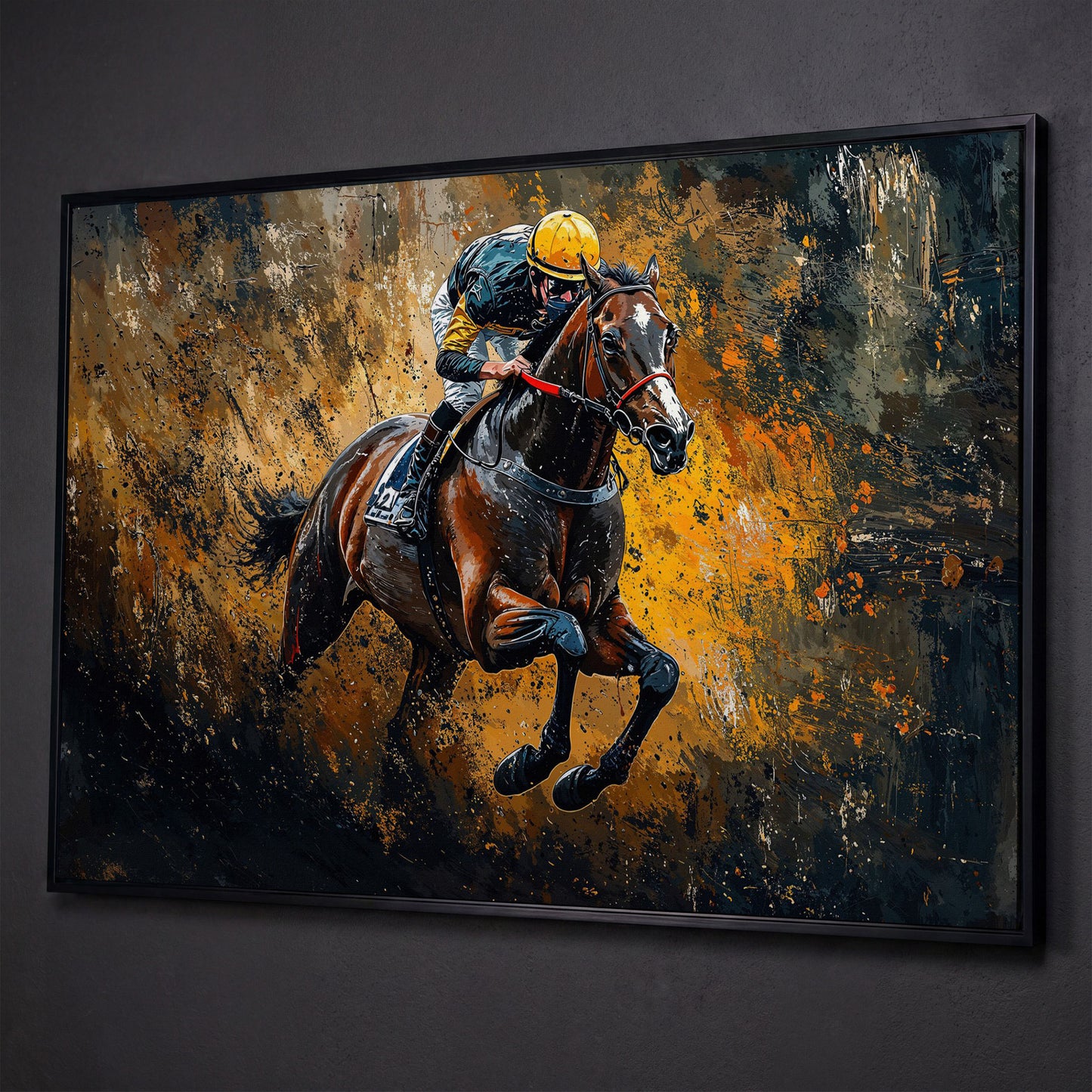 Dynamic Jockey Horse Racing Canvas Print shown in black floating frame