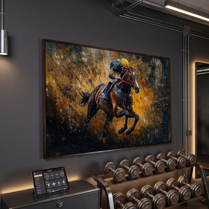 Dynamic Jockey Horse Racing Canvas Print in dark walnut floating frame