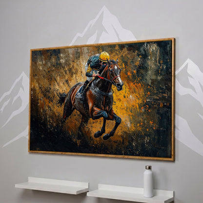 Dynamic Jockey Horse Racing Canvas Print in white oak floating frame