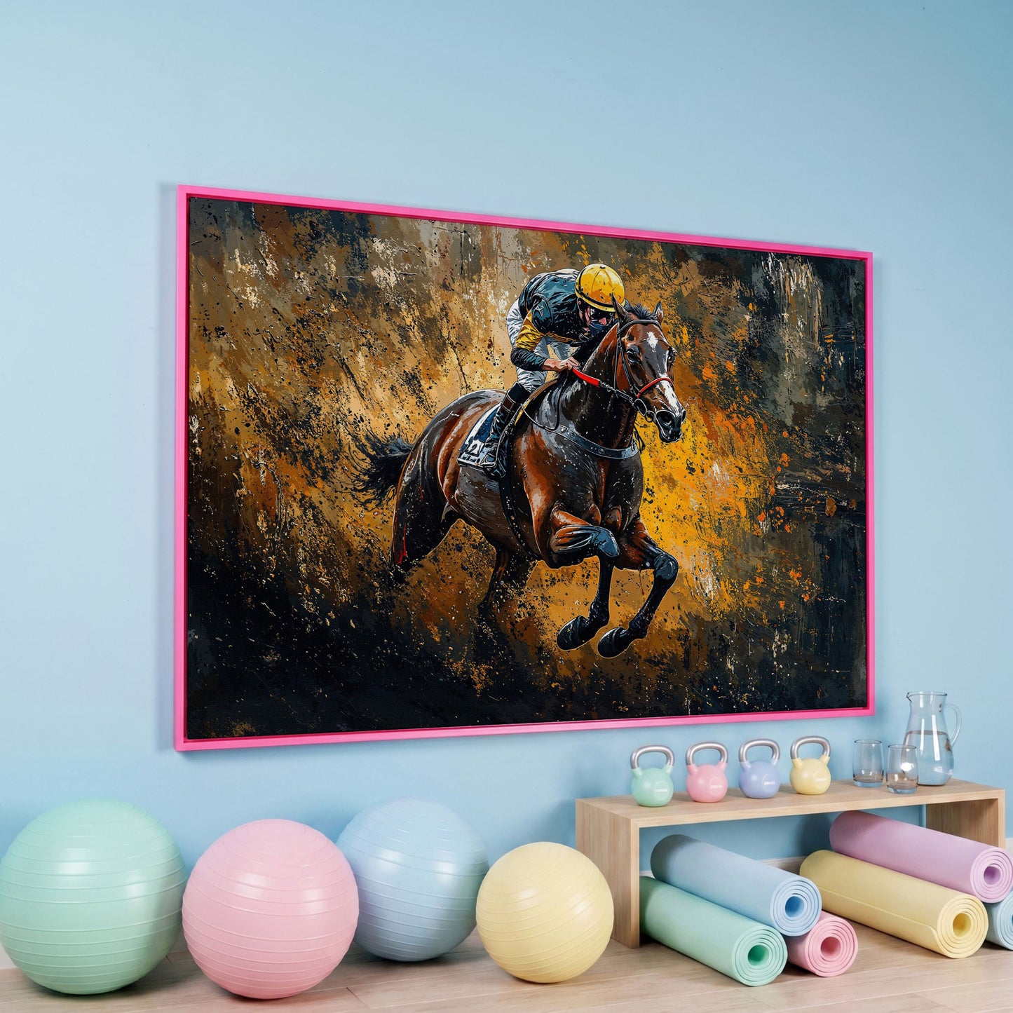 Dynamic Jockey Horse Racing Canvas Print in pink floating frame