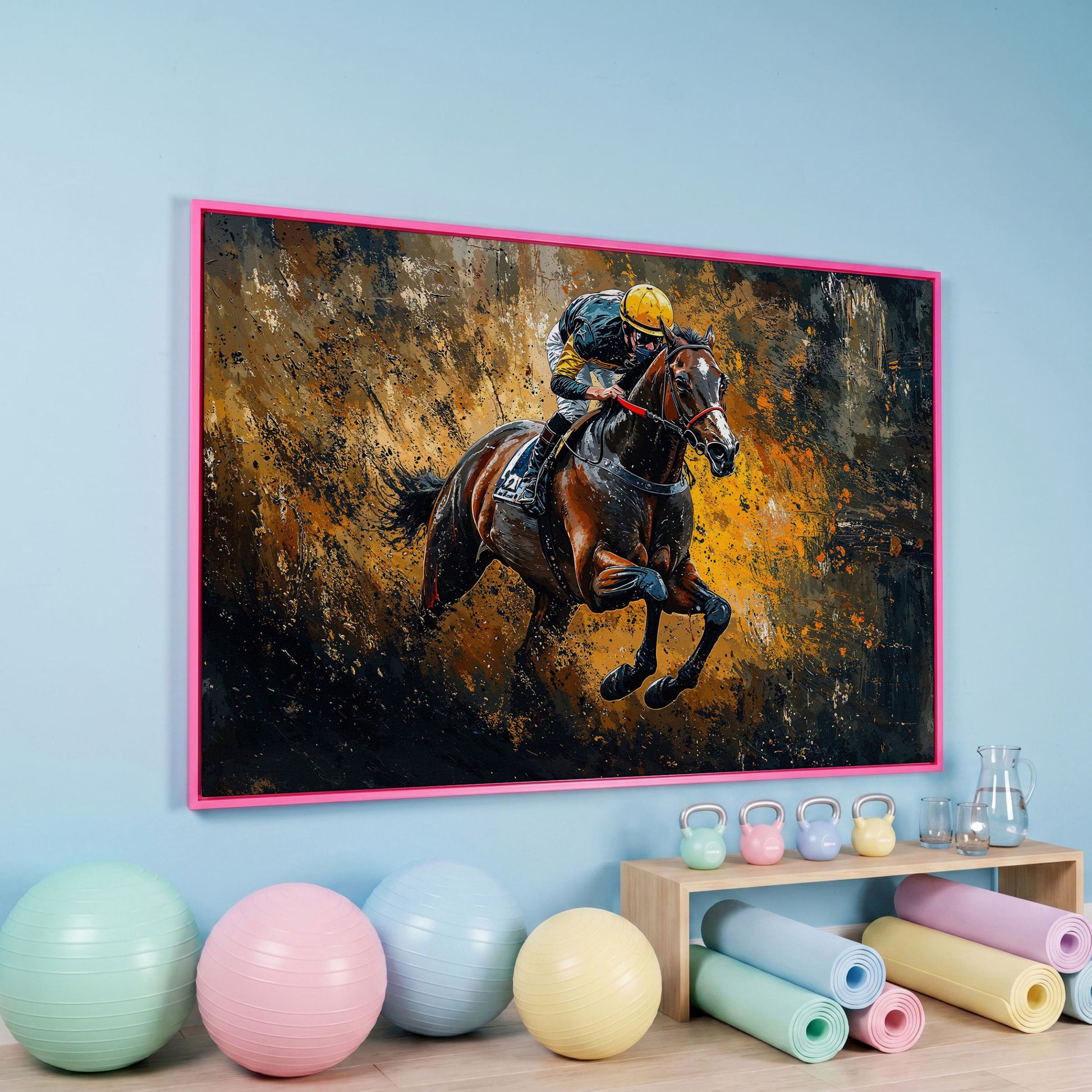 Dynamic Jockey Horse Racing Canvas Print in pink floating frame