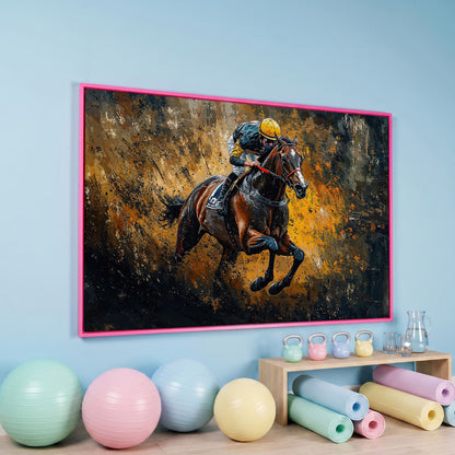Dynamic Jockey Horse Racing Canvas Print in pink floating frame