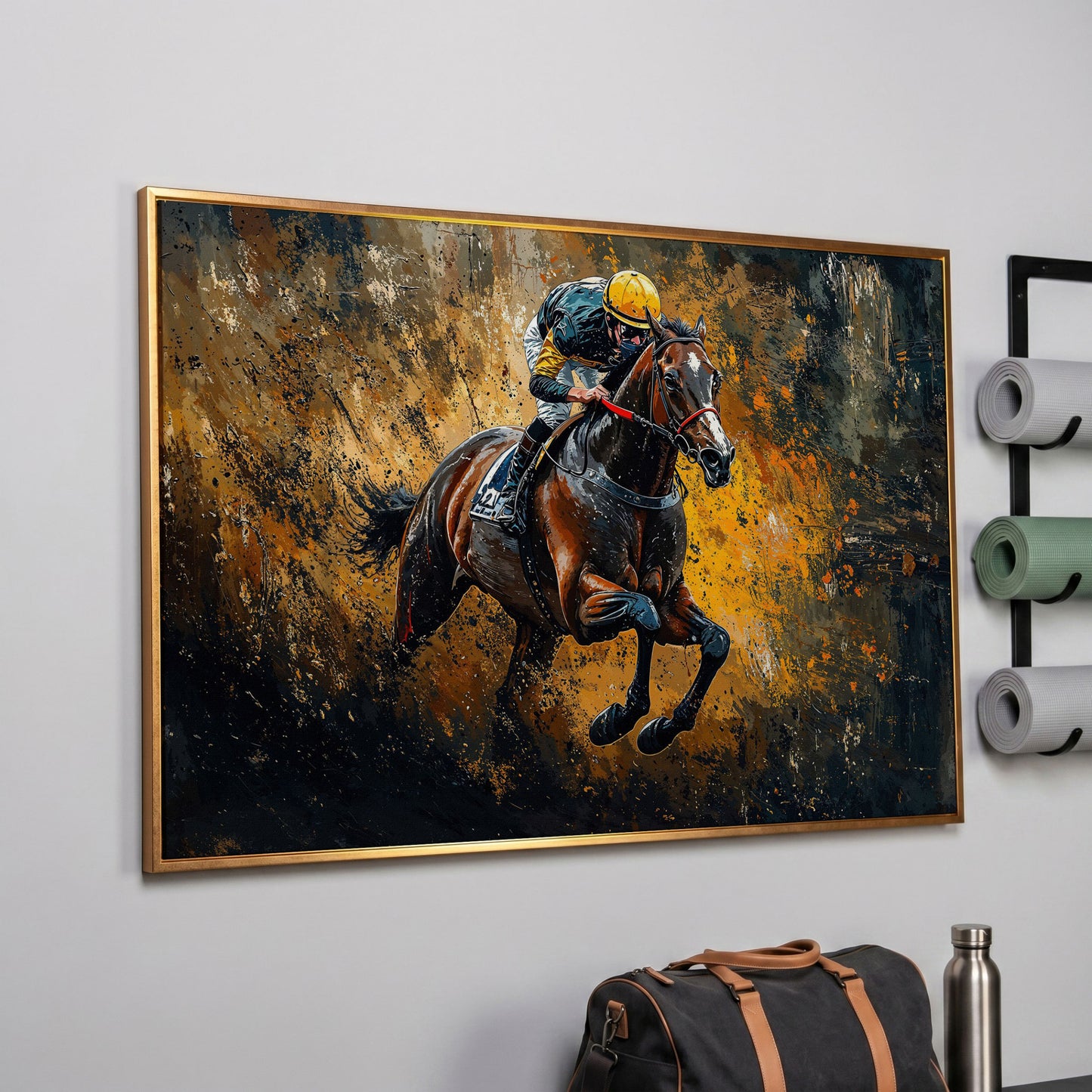 Dynamic Jockey Horse Racing Canvas Print in rose gold floating frame