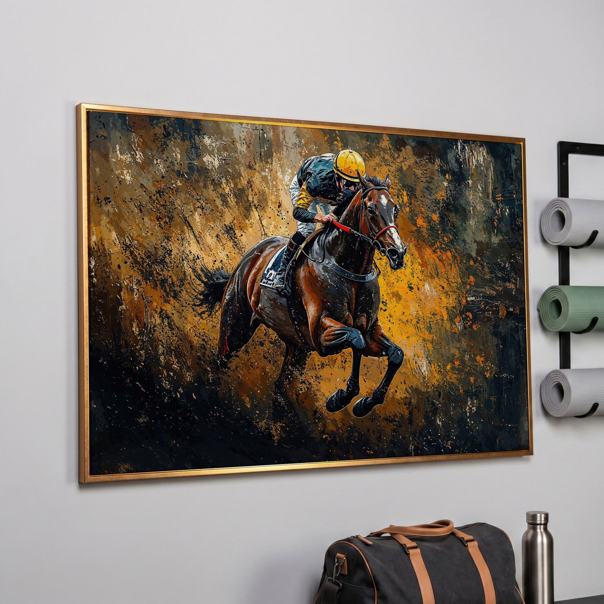 Dynamic Jockey Horse Racing Canvas Print in rose gold floating frame