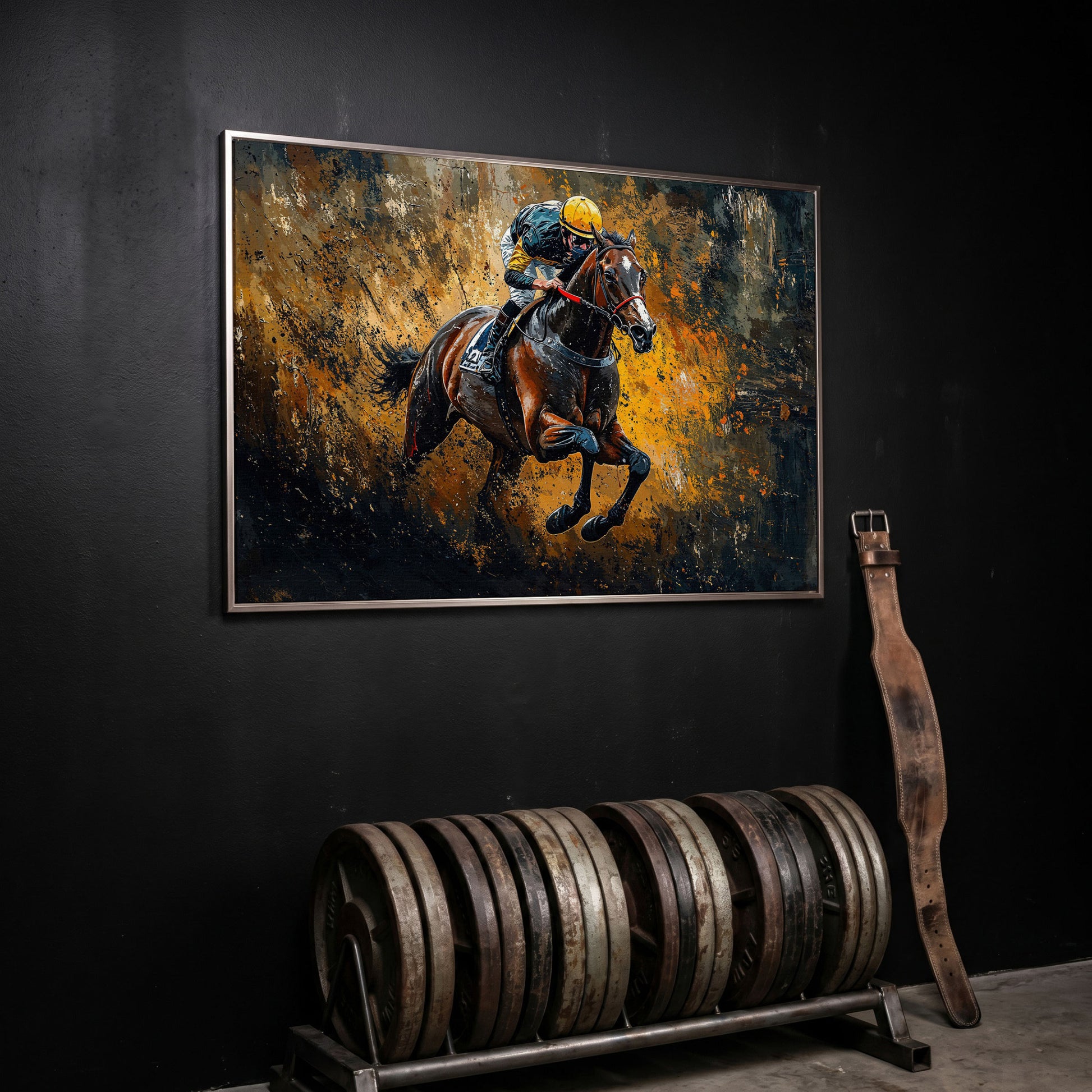 Dynamic Jockey Horse Racing Canvas Print in silver floating frame