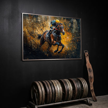 Dynamic Jockey Horse Racing Canvas Print in silver floating frame