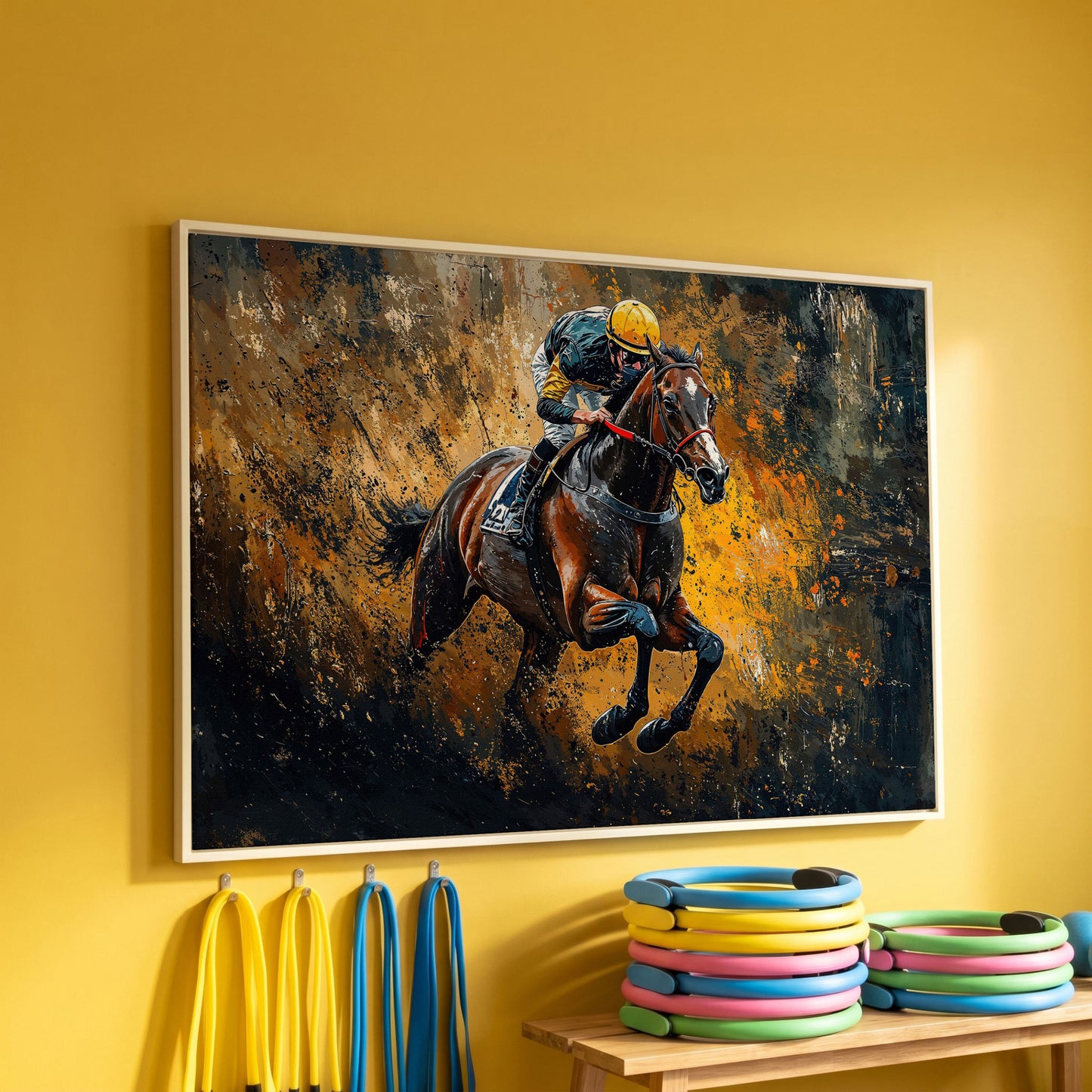 Dynamic Jockey Horse Racing Canvas Print in white floating frame