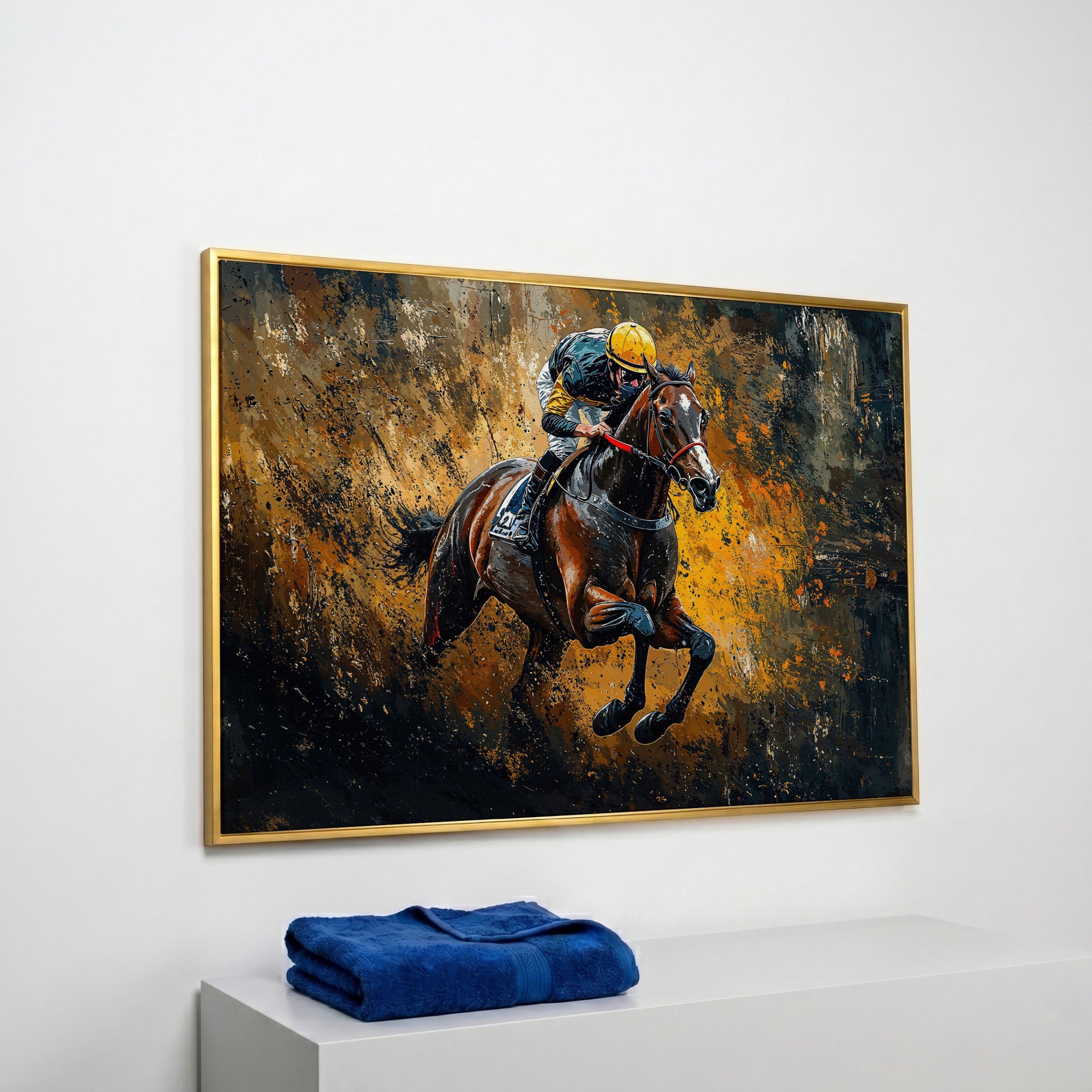 Dynamic Jockey Horse Racing Canvas Print in yellow gold floating frame